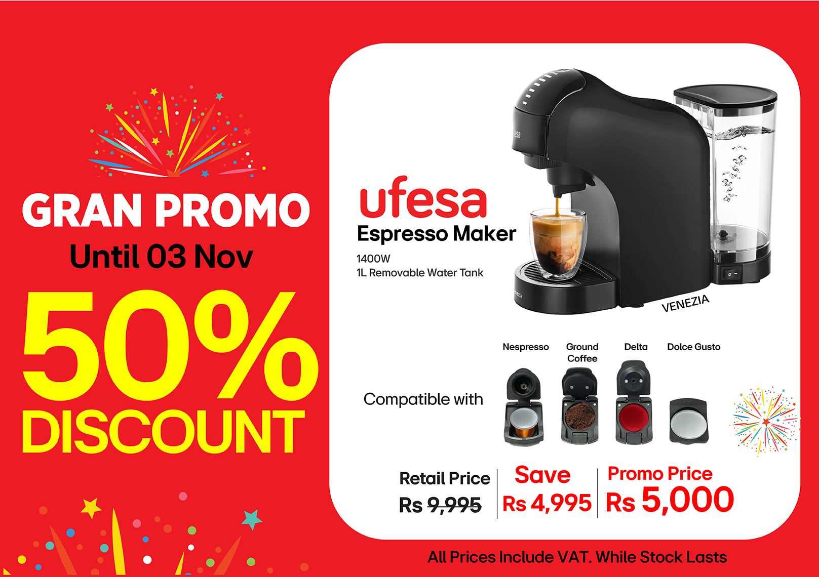 Ufesa Coffee Espresso Maker 1400W VENEZIA