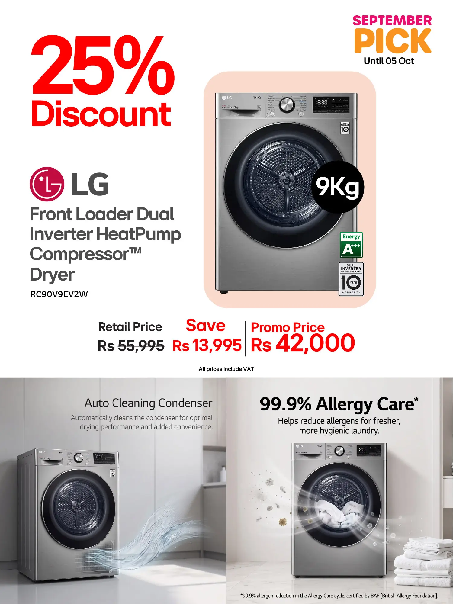 LG Front Loader Dual Inverter HeatPump Compressor™ Dryer 9.0Kg [Made in Korea] RC90V9EV2W